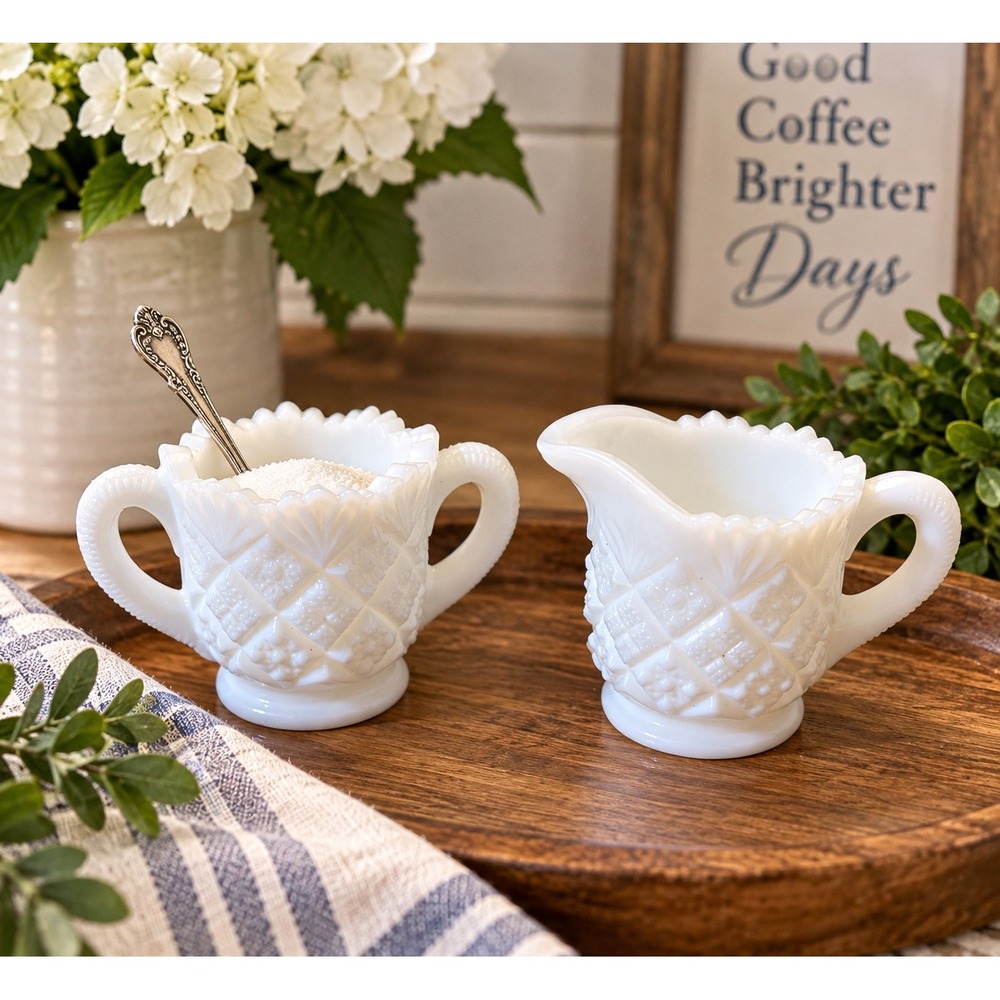Vintage Milk Glass Creamer & Sugar Bowl Set Diamond Starburst Scalloped Rim